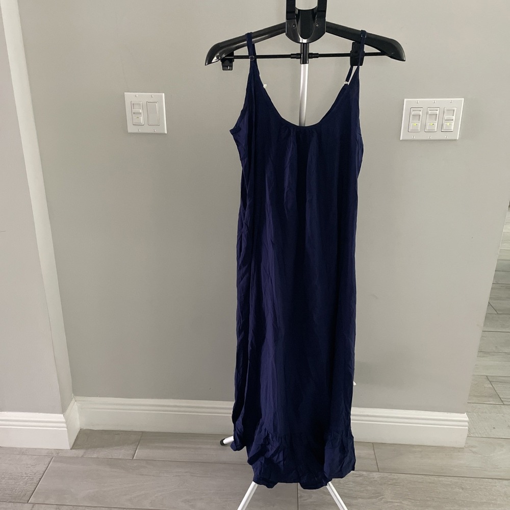 Buenos Ninos Womens Navy Blue Ruffle Hem Midi Slip Dress Adjustable Straps Sz M